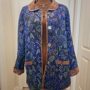 Blue Floral Quilted Jacket with Coral Trim
